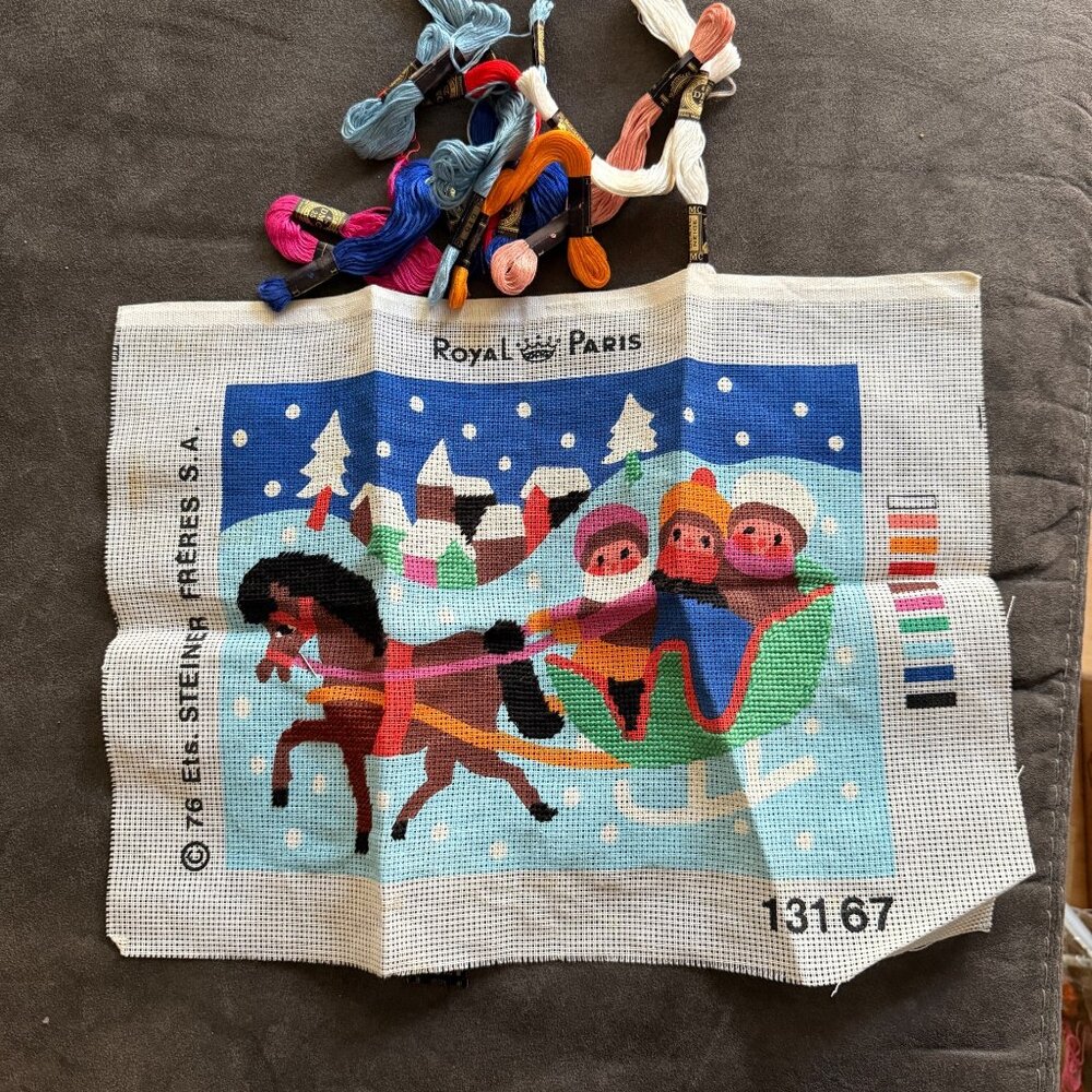 Vintage Royal Paris Tapestry Canvas Kit "Sleigh Ride" With Embroidery Thread